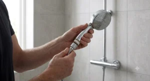 Screwing a new eco smart water-saving shower head replacement onto a standard British shower hose.