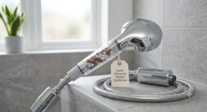 An ionic filtered shower head with a clear handle containing mineral filtration beads lying on a modern stone surface next to an Ionic Mineral Water Softener tag.