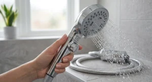 A close-up of a person holding a premium chrome multi-mode shower handset demonstrating a powerful and adjustable multi-stream water spray pattern.