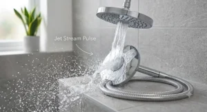 A chrome shower handset resting on a tiled ledge being tested under a powerful and concentrated jet stream pulse spray from an overhead fixture.