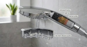 A technical cross-section diagram of a filtered shower head illustrating internal mineral layers and rub-clean silicone nozzles designed to prevent limescale buildup in hard water areas.