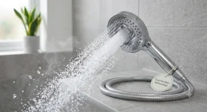 An eco friendly water saving shower head spraying a powerful aerated stream while resting on a grey tiled stone ledge next to an Eco-Aerator Technology label.