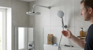 A comparison showing a fixed overhead rainfall shower model next to a multi-mode handheld shower head replacement.