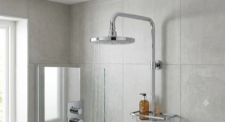 A modern chrome replacement shower head installed in a contemporary British bathroom.