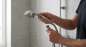 An individual unscrewing and removing an old, leaking shower head from a flexible metal hose.