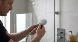 Testing the water pressure and spray pattern of a newly installed handheld replacement shower head.