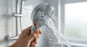 Close-up showing multi-mode spray pattern adjustments on a shower head for a combi boiler.