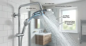 Aerated shower head mixing air with water for increased spray power on a UK combi boiler system.