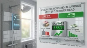 Graphic illustrating annual financial savings on UK water bills using an eco shower head