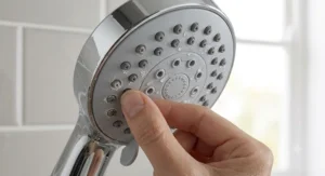 Easy-clean rub-clean rubber nozzles on a massage shower head designed to prevent limescale build-up in hard water areas