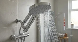 Easy clean anti limescale shower head for gravity fed system in hard water UK regions