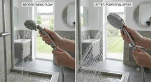 Comparison showing weak water trickling versus powerful spray from a shower head that increases pressure