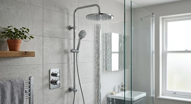 Thermostatic dual shower head with overhead rainfall and handheld attachments in a modern British bathroom. best dual shower head