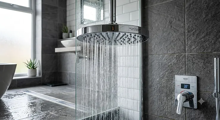 Modern chrome rain shower head designed specifically for low pressure water systems in a contemporary British bathroom.