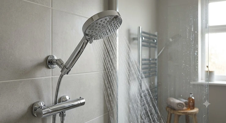 Modern chrome low pressure shower head designed for a UK gravity fed system in a home bathroom
