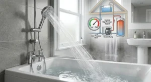 High pressure shower head boosting water flow on a low pressure gravity fed boiler system