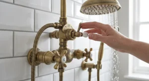 Close-up of a traditional brass dual shower head diverter valve used to switch between overhead and handheld sprays.
