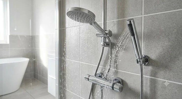 Modern chrome dual shower head with handheld attachment mounted on a contemporary tiled British bathroom wall.
