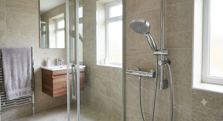 Modern chrome handheld shower head mounted on a riser rail in a contemporary British bathroom.