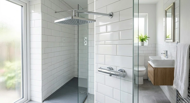 Polished chrome rain shower head installed in a modern British bathroom with white metro tiles.