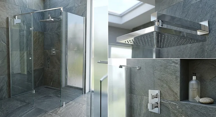 Large wall-mounted square chrome luxury rain shower head inside a sleek walk-in shower enclosure.