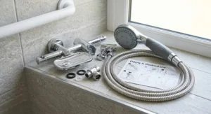 A complete disabled shower kit including an anti-kink long hose, wall bracket, and an optimized handheld shower head for elderly and limited mobility users.