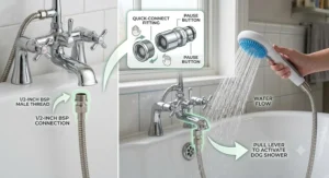 Step-by-step diagram showing how to connect the handheld dog shower attachment to a standard UK bath mixer tap.