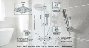 Technical dimensions drawing of a dual shower head with handheld riser rail, showing standard British plumbing G1/2 connections.