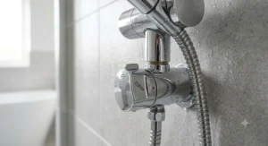 Close-up of the brass diverter valve on a dual shower head with handheld system, showing the control for switching water flow.