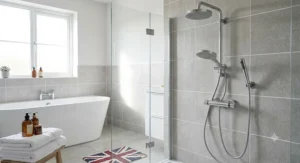 Elegant British family bathroom featuring a dual shower head with handheld installed over a bathtub with a glass shower screen.