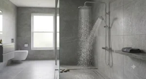 Dual shower system featuring a fixed overhead rain shower head and a flexible handheld attachment.