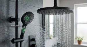 Eco-friendly dual shower head demonstrating water-saving flow restrictor technology without losing pressure.