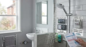 A water-saving shower head reducing household water bill and energy meter costs