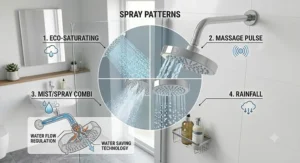 Illustration displaying different spray pattern settings on a multi-function water saving shower head