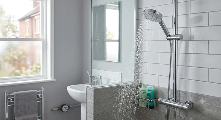An eco shower head to reduce water bill costs in a modern British bathroom