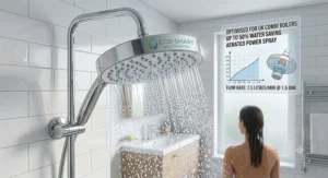Eco-friendly water-saving shower head optimised for water efficiency with a combi boiler.