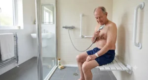 An elderly British man sitting safely on a mobility bench while using a lightweight detachable shower head with a flexible stainless steel hose.
