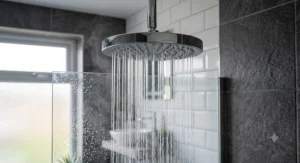 Steady water flow pattern from a premium rain shower head for low pressure connected to a standard British gravity-fed system.