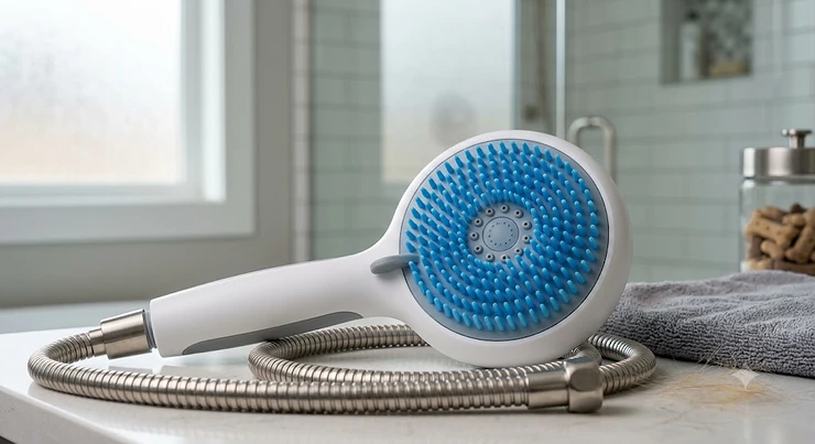 Handheld shower head for dogs featuring soft silicone grooming bristles for deep cleaning and massaging.