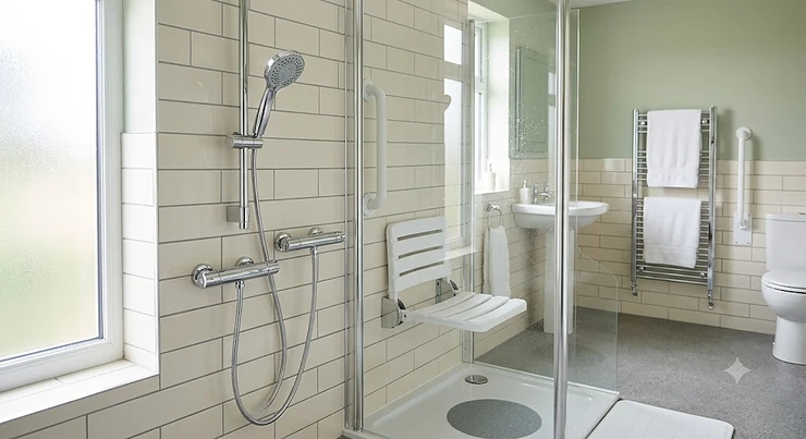 A modern British bathroom featuring a chrome handheld shower head for elderly users mounted on an adjustable slider rail next to a white shower seat.