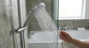 Handheld shower head that increases pressure mounted over a standard British bath with crisp water jets