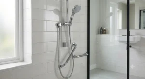 Handheld shower head with long hose resting in an adjustable riser rail bracket for accessible assisted showering