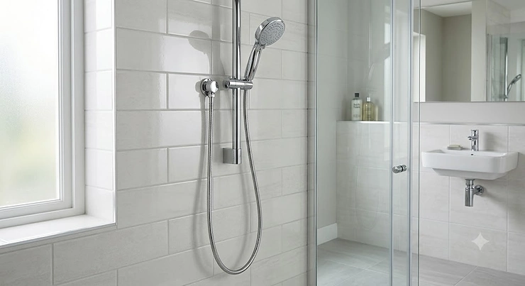 Modern chrome handheld shower head with long hose mounted on a contemporary British bathroom wall