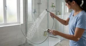 Using a flexible handheld shower head with long hose to rinse down a glass shower enclosure screen