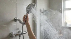Handheld high flow shower head for gravity fed system boosting water pressure in a British bathroom