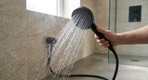 High pressure handheld shower head working efficiently on a low pressure British gravity fed water system.