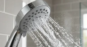 Close-up of powerful water jets flowing from a high-pressure massage shower head in action