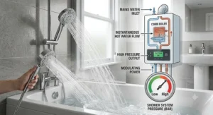 High pressure shower head operating smoothly with a modern British combi boiler system