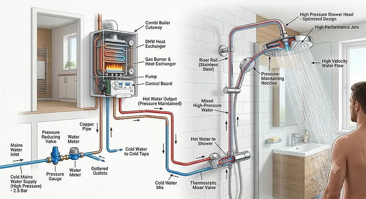Diagram showing mains water pressure flow through a combi boiler to a high-pressure shower head.