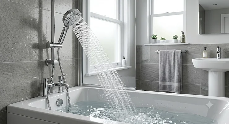 Modern chrome high pressure shower head fitted in a contemporary UK bathroom over a bath